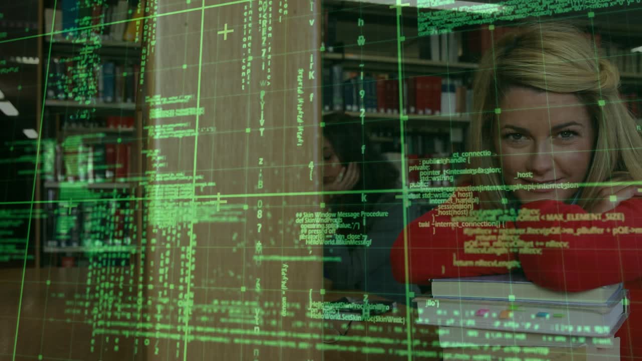 Woman sitting library table hugging textbooks when green code scrolling conveying digital learning