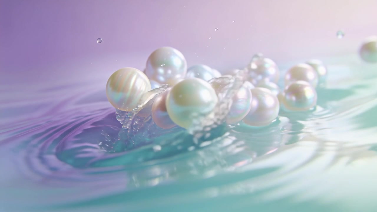Goccioline che colpiscono facendo ondeggiare le perle, scontrandosi tra schizzi e increspature su liquido turchese