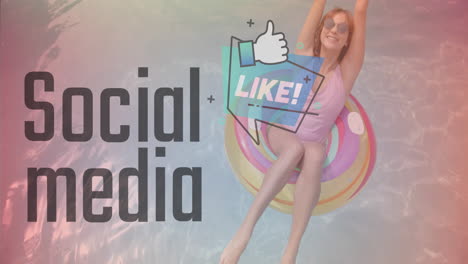 social media like animation over woman relaxing on inflatable pool float