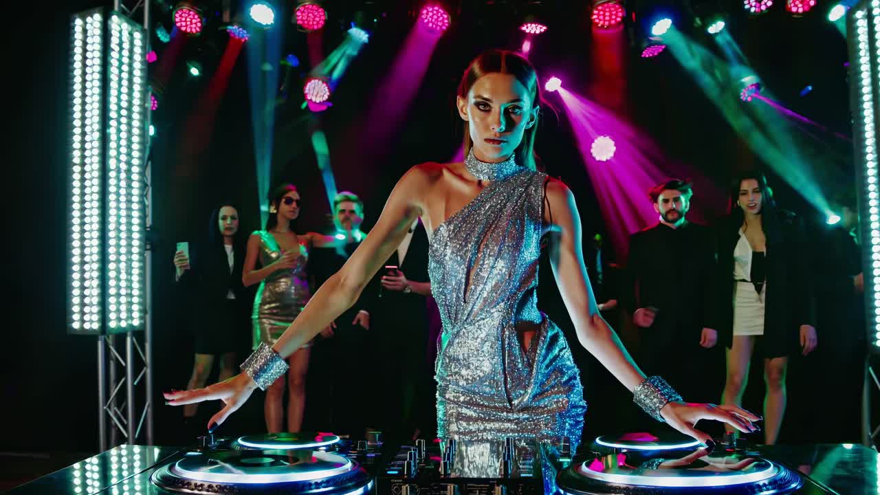 Untersicht eines DJs in metallischem Outfit, der auf einer lebhaften Party Musik auflegt, umgeben von bunten Lichtern.