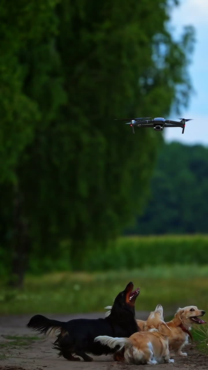Small breed dog running outdoor. Happy walk of a dog. Dog on nature backgound catching quadrocopter. Small breeds. Video of dogs running. Vertical video