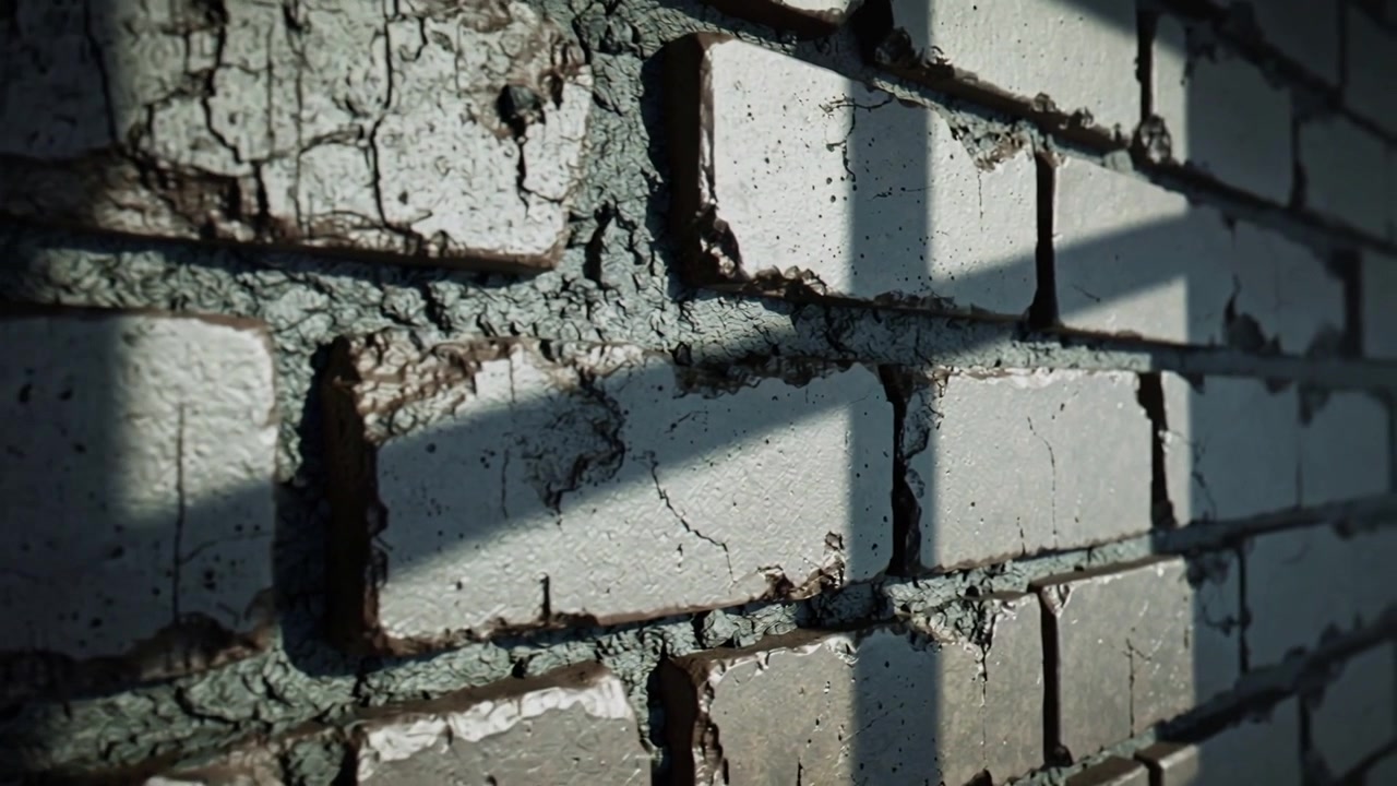 Panning camera revealing painted brick wall inside room, showing peeling paint and cracked mortar