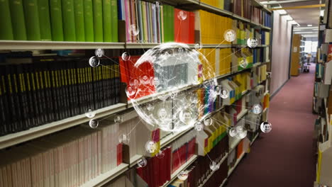 animation of globe with network of connections over shelves with books in library