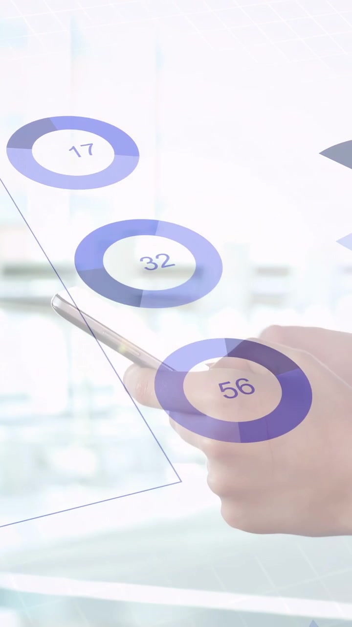 Vertical video: Woman tapping phone, animated charts assembling on screen and showing business data