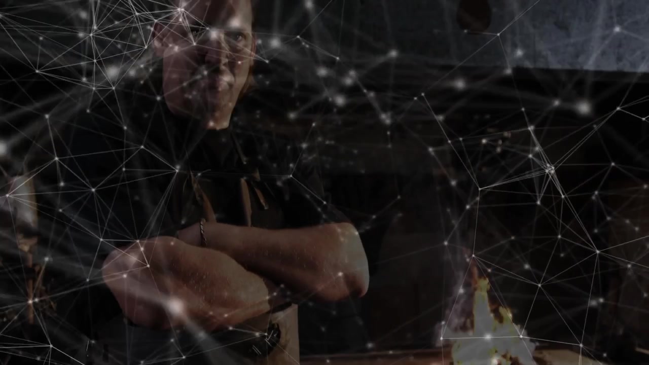 Leather-clad smith tightening straps lighting forge fire and revealing digital grid for smithing