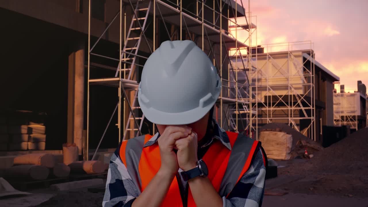 Construction Worker in Hard Hat Praying at Sunset on Building Site