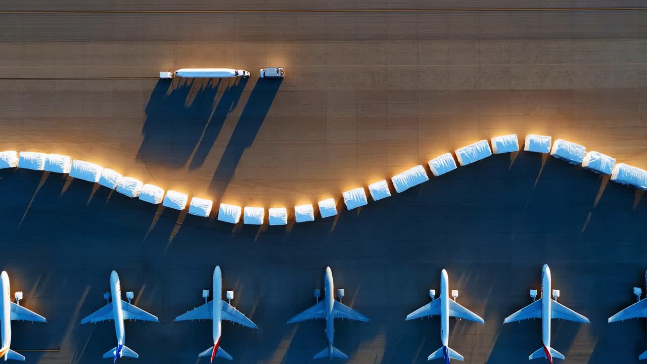 Vista aerea di aerei e cargo: uno sguardo approfondito alle operazioni aeroportuali con aerei parcheggiati in fila e un veicolo di trasporto che si muove lungo i container cargo
