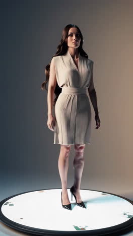elegant woman in beige pleated dress