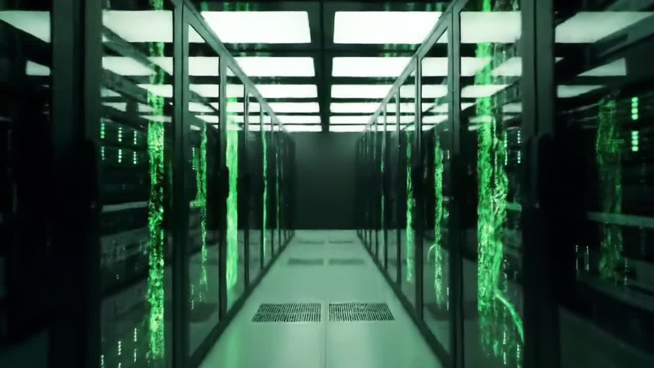 A Futuristic Data Center Corridor with Illuminated Green Visuals: Exploring the Heart of Digital Infrastructure and High-Tech Networking Solutions