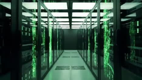 a futuristic data center corridor with illuminated green visuals: exploring the heart of digital infrastructure and high-tech networking solutions