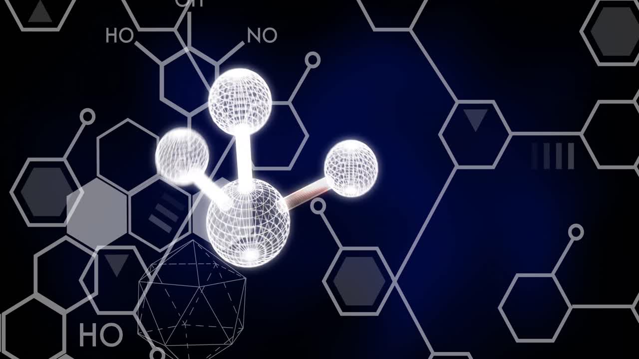 검은색 배경에 있는 화학 공식 위의 분자의 애니메이션