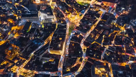Aerial-hyperlapse-of-the-historic-center-of-the-city-of-Guanajuato-at-night,-magical-town