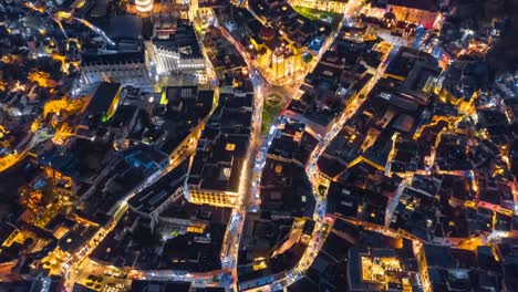 Hiperlapso-Aereo-Del-Centro-Historico-De-La-Ciudad-De-Guanajuato-De-Noche,-Pueblo-Magico