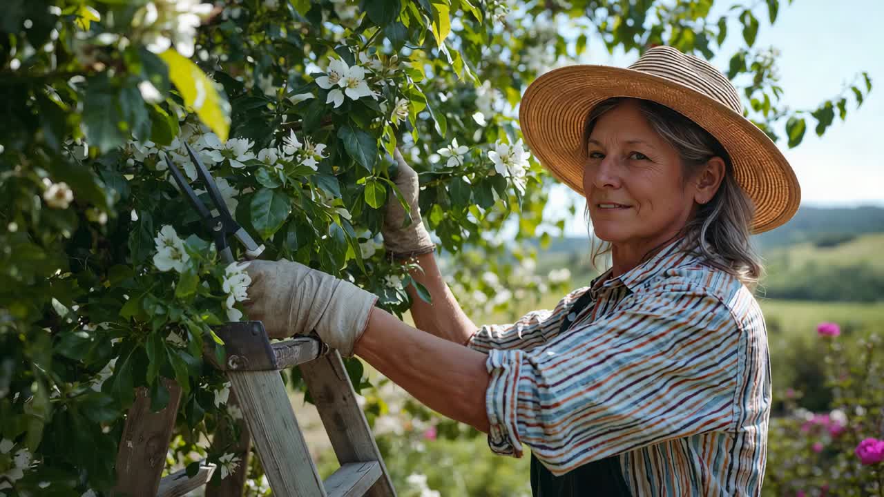 Giardiniere che si sporge nella chioma per potare un albero in fiore su una scala con delle cesoie per modellarlo, indossa cappello e guanti