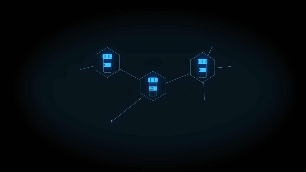 animación de una red creciente de iconos de medicamentos azules sobre un fondo negro