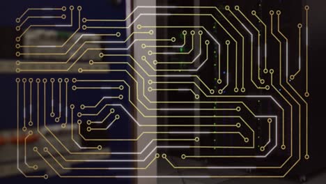 Animation-of-circuit-board-pattern-over-hardware-and-illuminated-data-server-rack-in-server-room