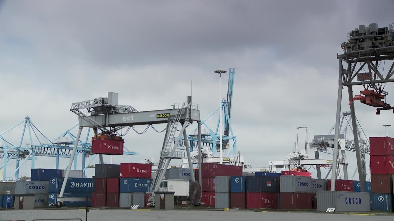 Shipping container terminal view showcasing cranes in blue and white, colorful containers in a stacked arrangement on concrete ground, under cloudy skies