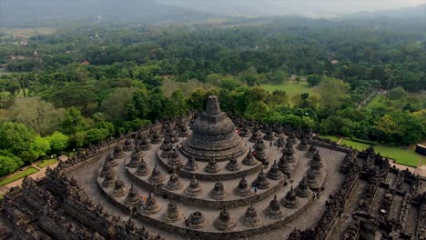 Borobudur-temple-and-Javanese-tropical-landscape,-Indonesia,-aerial-view