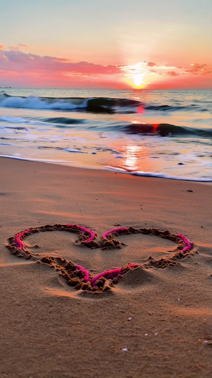 Cuore nella sabbia all'alba/al tramonto