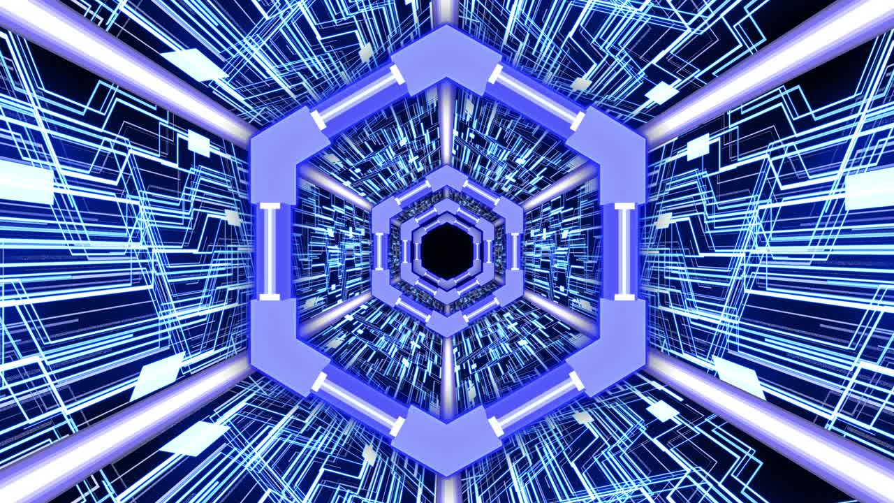 túnel digital abstracto con bordes hexagonales y circuito digital en diseño futurista (azul)