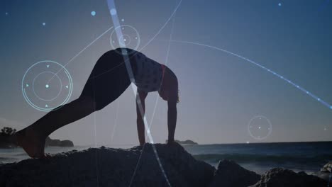 animation of globe over woman practicing doing yoga