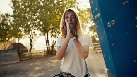 Portrait-of-a-happy-blonde-girl-climber-who-takes-sports-chalk-out-of-her-bag-and-rubs-it-in-her-hands-near-a-blue-climbing-wall.-White-sports-chalk-scatters-in-a-light-haze-along-the-hands-of-a-girl-climber-on-a-sunny-summer-day