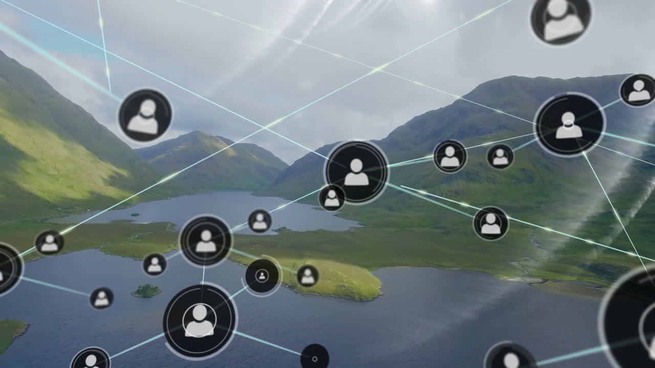 Data processing animation with network connections overlaying landscape view