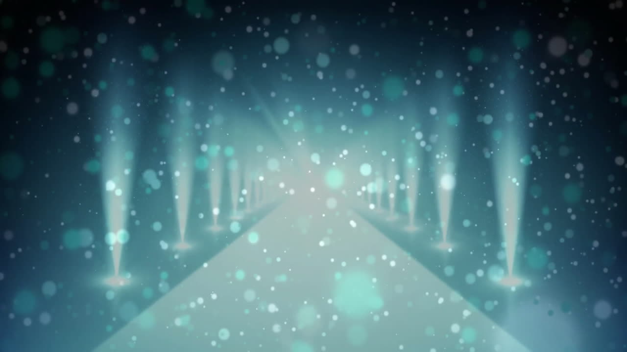 눈과 반이는 불빛 애니메이션이 겨울 장면의 경로를 가로지르고 있습니다.