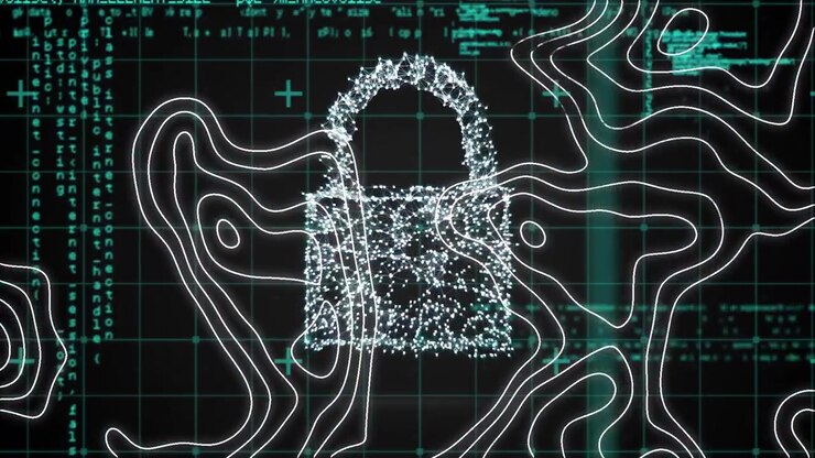 Animation of digital padlock over isohypses and data processing on black background