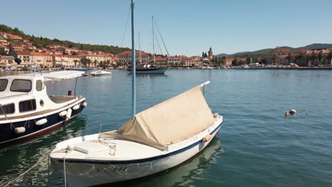 view of the numerous boats and buildings on the coast of vela luka, croatia