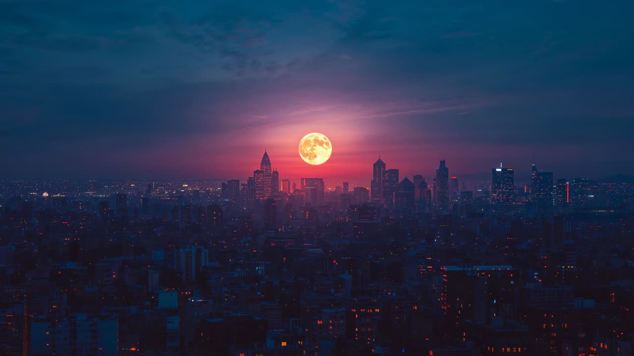 With twilight deepening city skyline flickering lights at dusk full moon glowing above skyscrapers