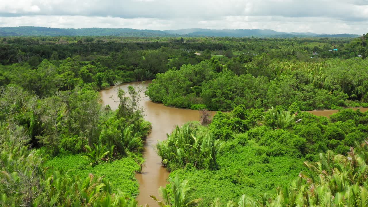 Aerial forward flight above twisted murky river in lush green Indonesian jungle
