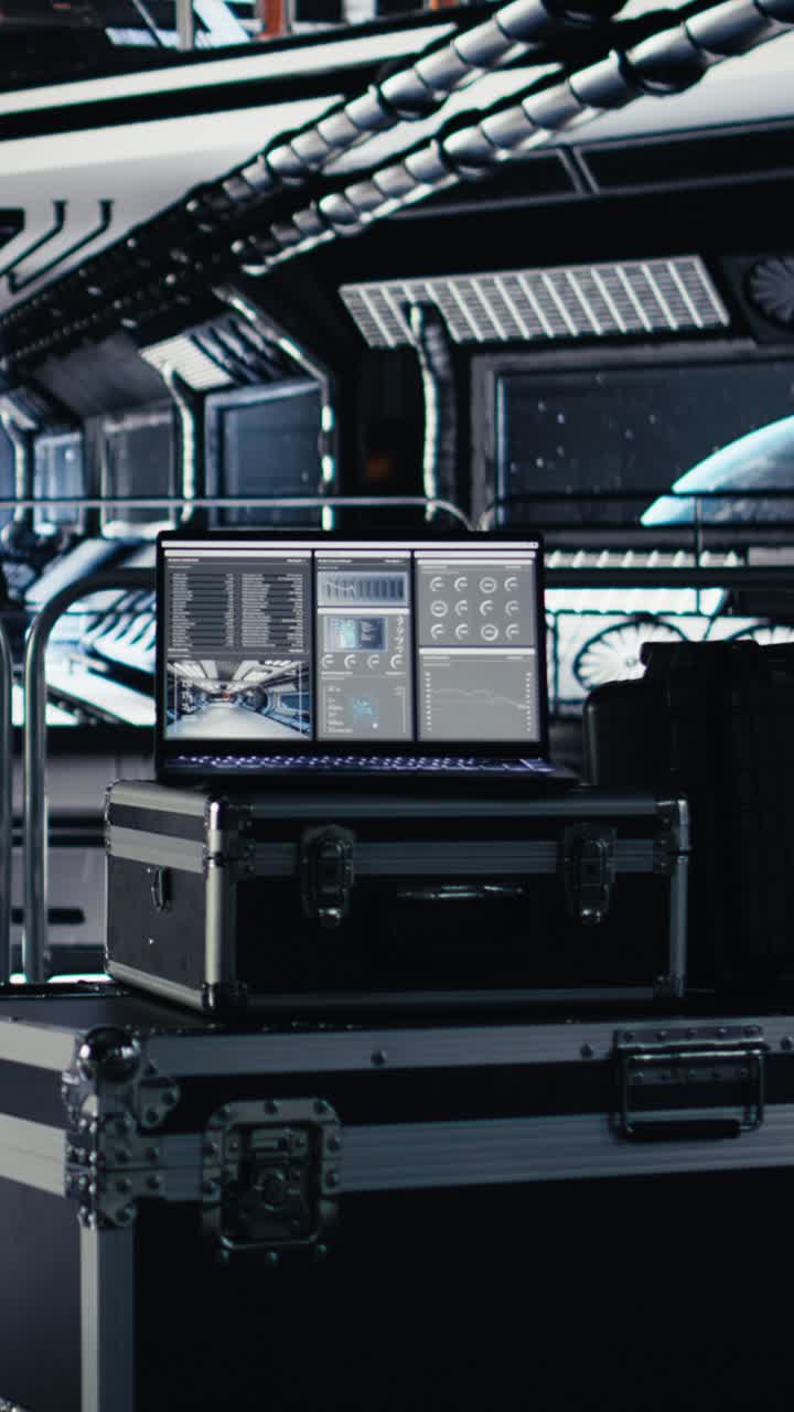 Vertical video Laptop inside high tech spaceship control bay displaying diagnostics