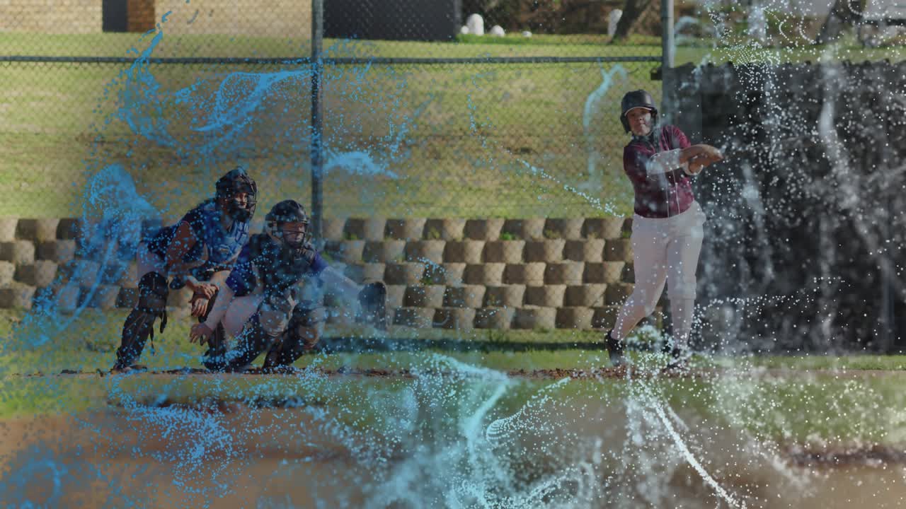 Sports overlay revealing catcher, pitcher pitching and batter hitting ball as overlay returning