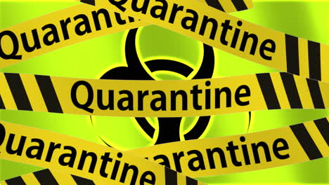 quarantine text on yellow warning tape waving in front of bio-hazard alert sign on neon background