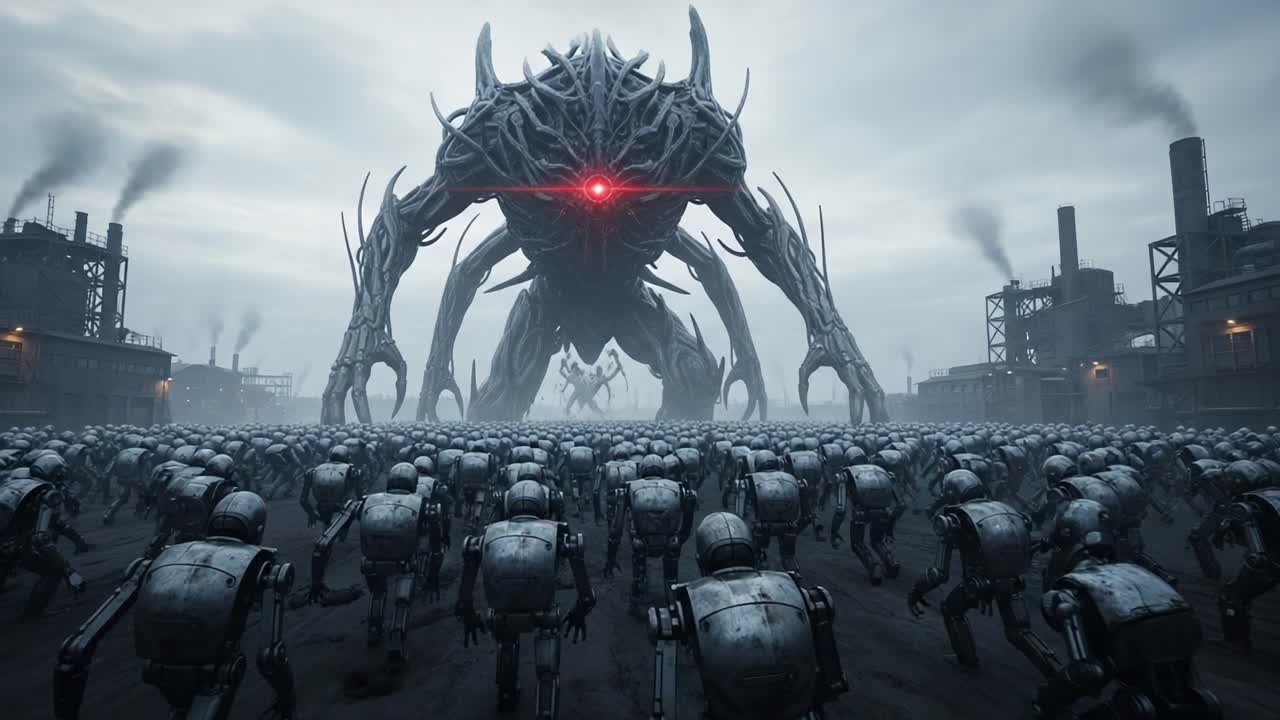 A Massive Mechanical Creature Commands an Army of Robots in a Dystopian Industrial Landscape, Portraying a Striking Contrast Between Nature and Machine