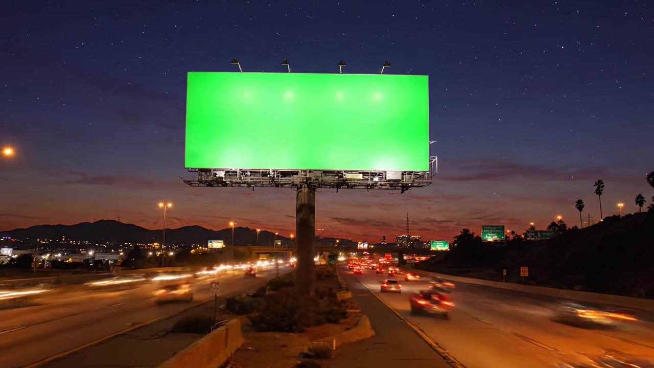 Una Transición Vibrante: Una Valla Publicitaria Verde se Alza Contra un Cielo al Atardecer a la Luz del Día y una Noche Estrellada, Capturando la Esencia de la Vida Urbana