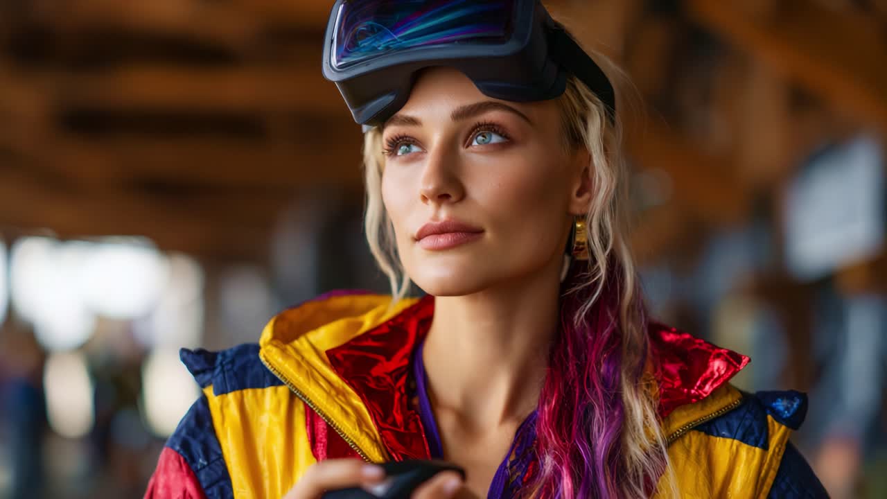 Una donna elegante in abbigliamento invernale colorato e visore VR, che contempla la sua esperienza in una stazione sciistica, evocando avventura e tecnologia in un ambiente panoramico