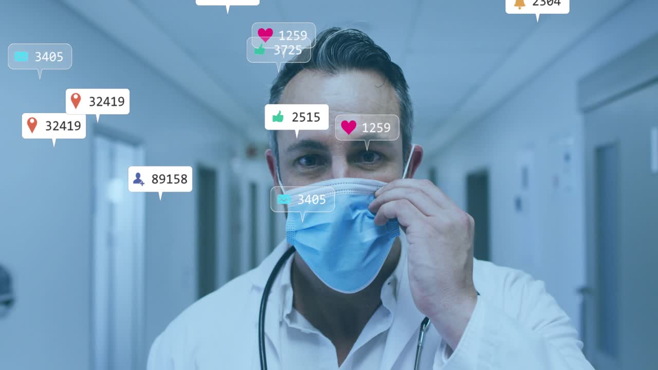 Doctor with stethoscope lifting surgical mask as social media icons multiplying in clinic corridor