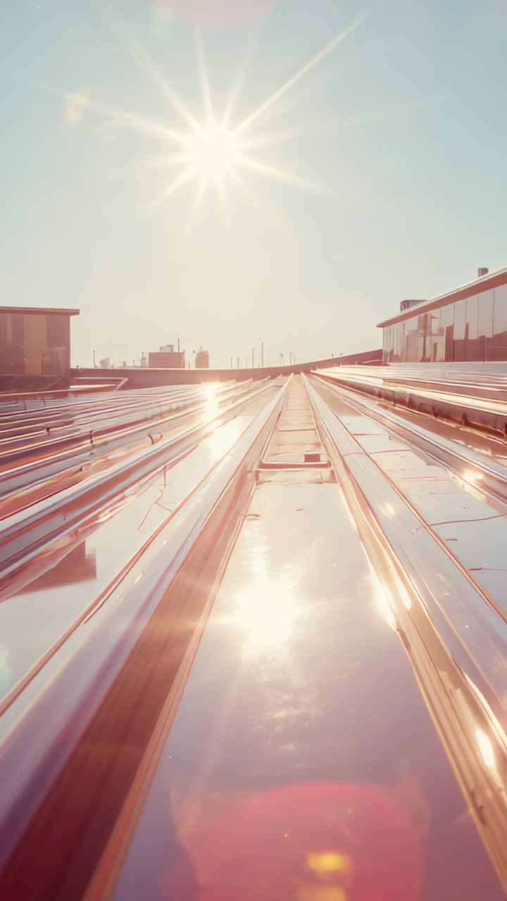 Vertical video: Starting low camera moving along metal seam on rooftop, showing sun reflection