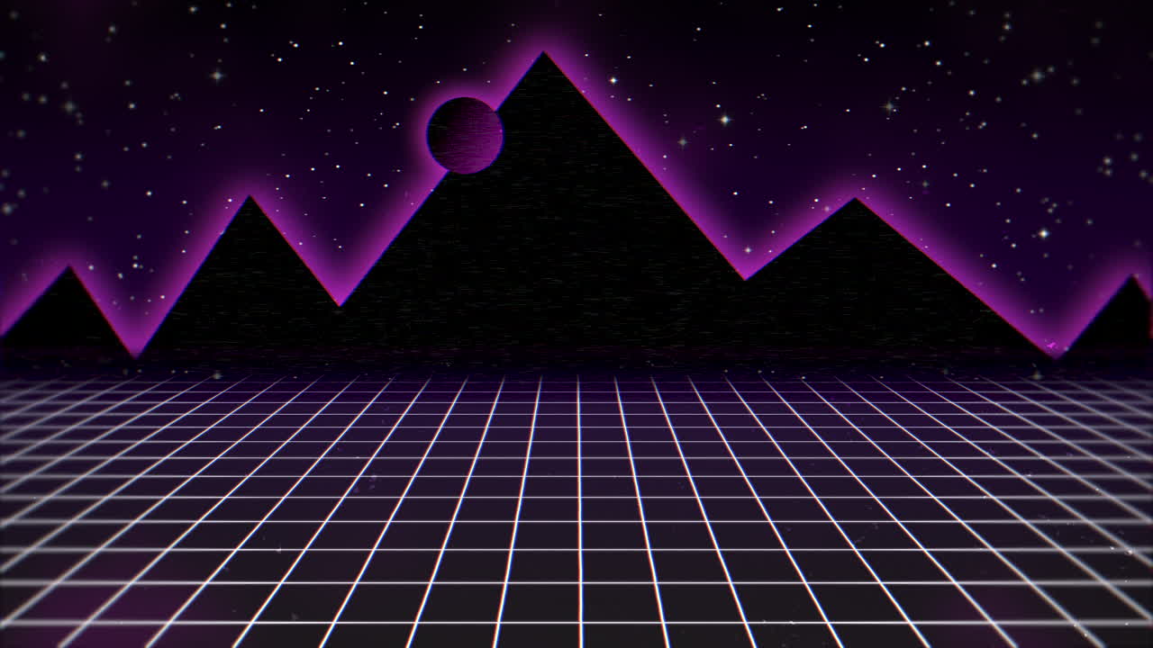fondo abstracto retro en movimiento con cuadrícula púrpura y montaña