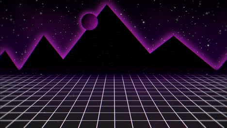 motion retro abstract background with purple grid and mountain