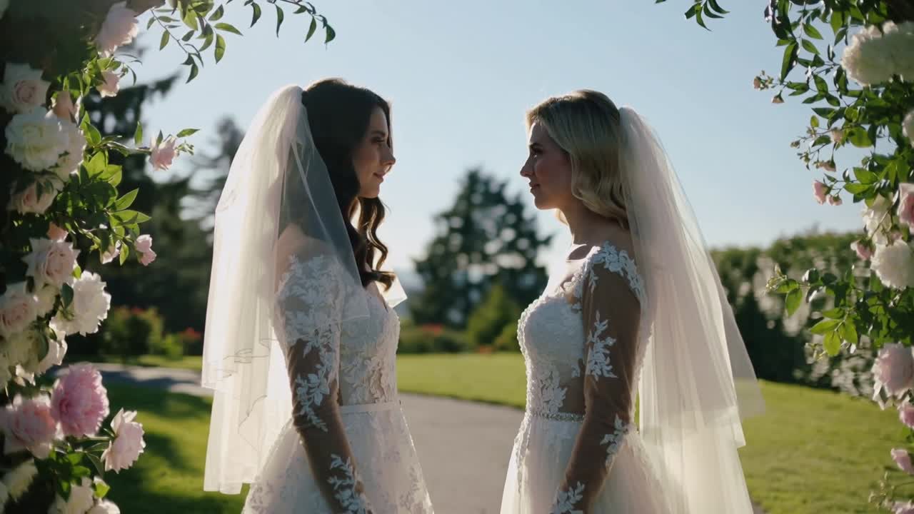 Deux mariées debout en robes de dentelle, souriant dans un jardin alors que la cérémonie débute, avec une arche et des voiles.