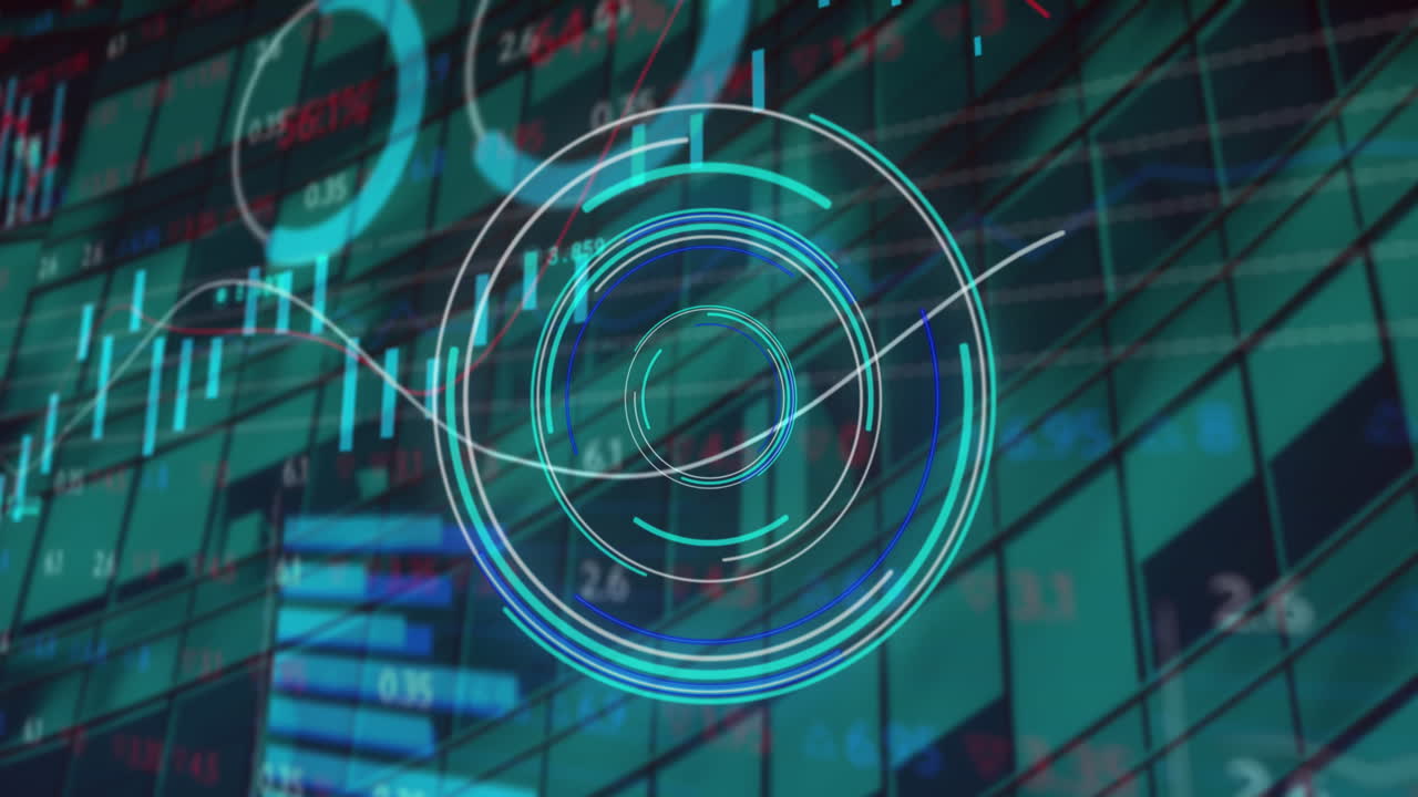 animación del procesamiento de datos financieros y escaneo de alcance sobre edificios modernos.