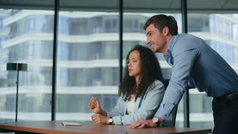 executives conversation using vr screen. professionals creating application