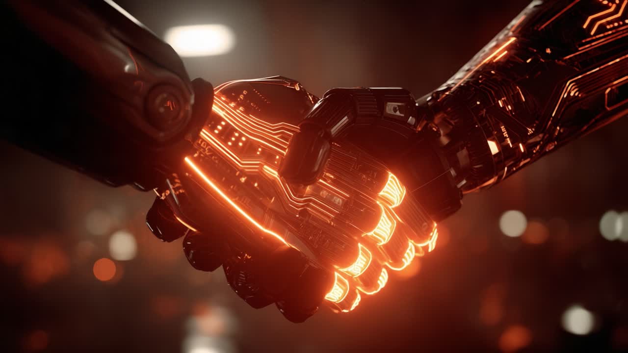 A Futuristic Representation of Unity: Two Advanced Robotic Hands Engaged in a Firm Handshake, Symbolizing Cooperation Between Technology and Humanity in a High-Tech Environment