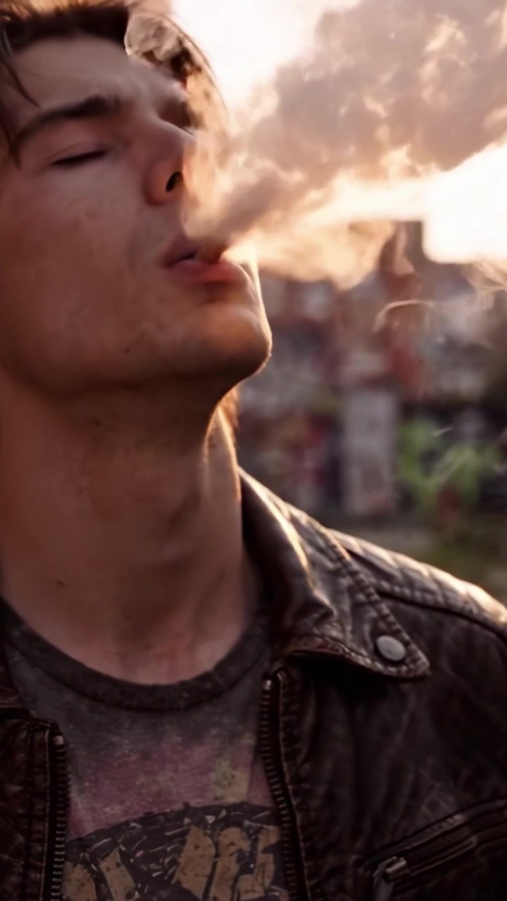Un joven iluminado por la luz del atardecer, fumando pensativamente un cigarrillo, revelando una expresión intensa que refleja sus luchas internas y pensamientos en un entorno urbano.