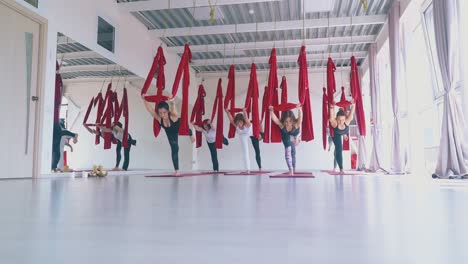 ladies group stands synchronously in modern fly yoga asana