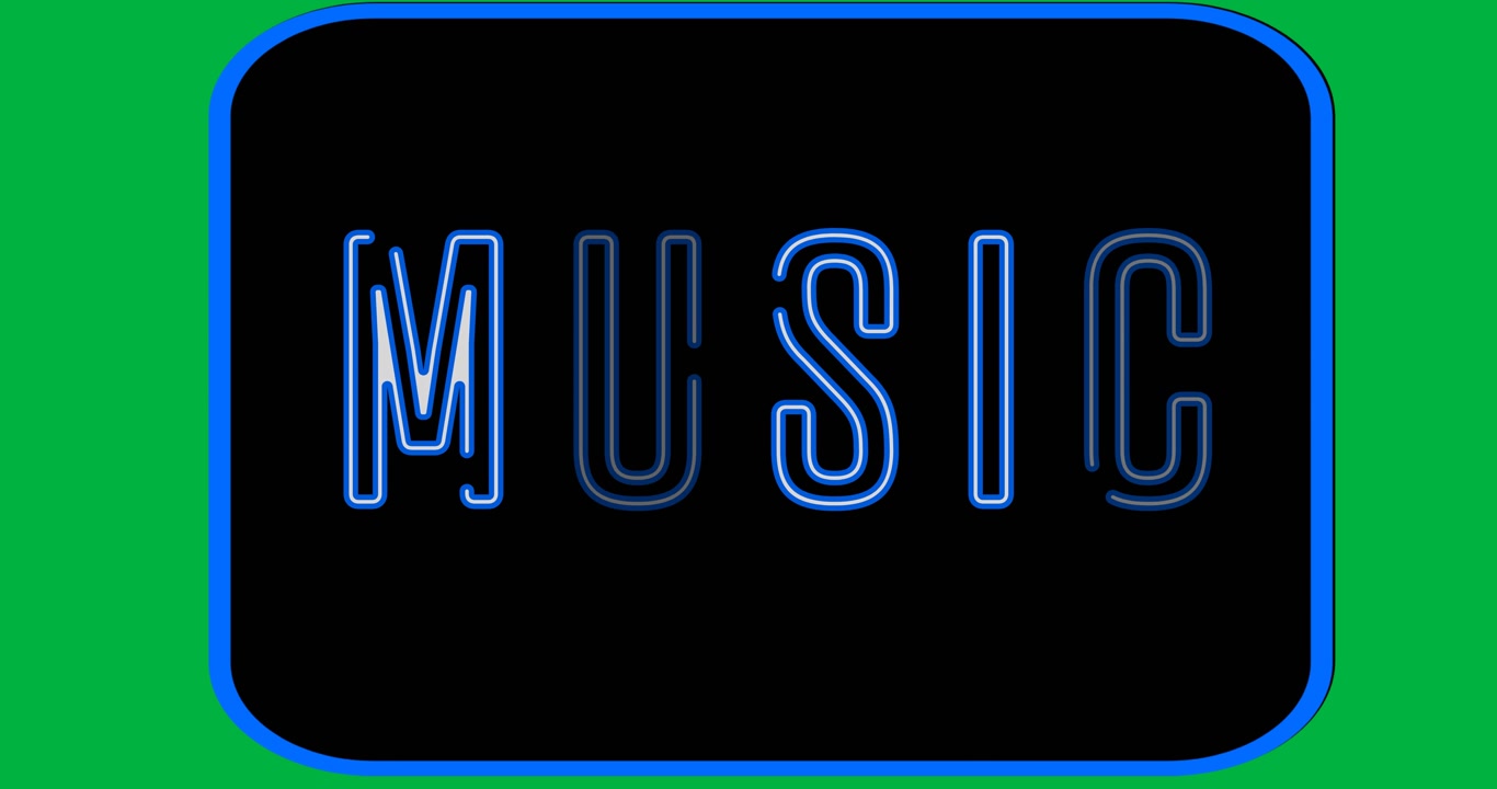Animação digital de banner de texto de música azul neon em fundo preto