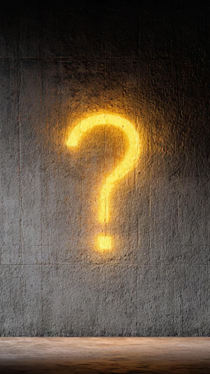 Un accattivante punto interrogativo al neon illumina una parete scrostata, invitando alla curiosità e all'intrigo in una scena minimalista con texture e ombre distintive